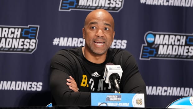 Mar 16, 2023; Greensboro, NC, USA; Kennesaw State Owls head coach Amir Abdur-Rahim during a press conference at Greensboro Coliseum.